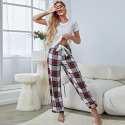 European and American women's pajamas spring and autumn thin short-sleeved long pants loungewear set