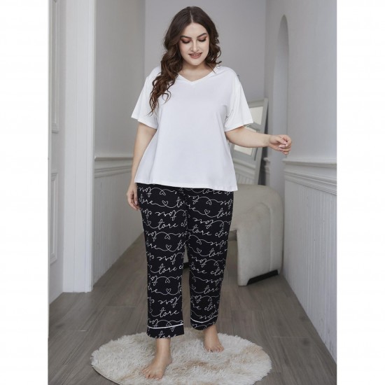 Export European and American plus size women's spring and autumn 200 jin short-sleeved trousers loungewear two-piece set
