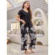 European and American large size pajamas women's spring and autumn loose short-sleeved trousers suit home clothes