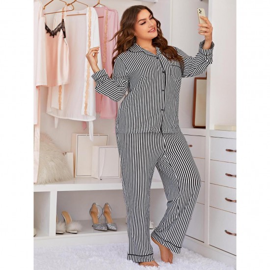 European and American plus mm women's pajamas striped long-sleeved casual plus size homewear set
