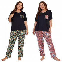 European and American plus size pajamas women's spring and summer short-sleeved long pants home wear set