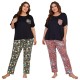 European and American plus size pajamas women's spring and summer short-sleeved long pants home wear set