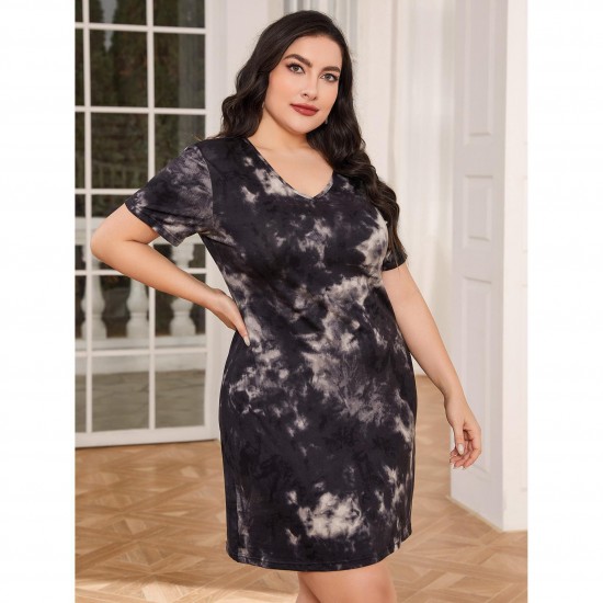 European and American plus size pajamas women's summer nightgown women's short-sleeved tie-dye backless sexy home dress