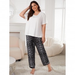 European and American plus size women's pajamas summer leopard print short-sleeved long pants plus mm loungewear set