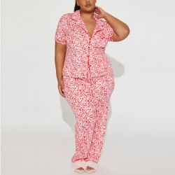 New European and American style women's pajamas with heart print, plus size, short-sleeved, long pants, two-piece set, loungewear, pajamas