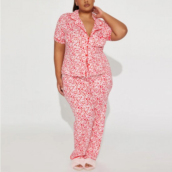 New European and American style women's pajamas with heart print, plus size, short-sleeved, long pants, two-piece set, loungewear, pajamas