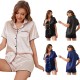 European and American ice silk pajamas for women, summer solid color short-sleeved shirt and shorts loungewear set.