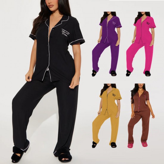 European and American Women's Spring and Summer Short-Sleeve Long Pants Homewear Two-Piece Set Women's Independent Website