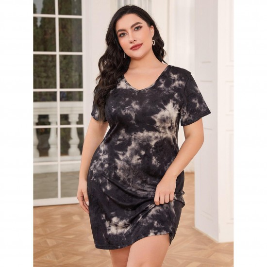 European and American plus size pajamas women's summer nightgown women's short-sleeved tie-dye backless sexy home dress