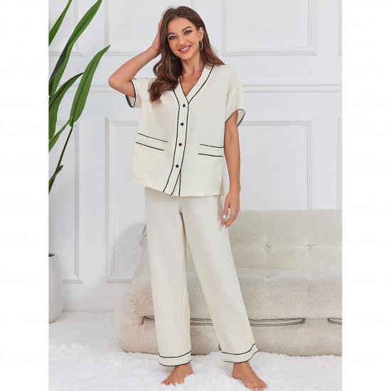 European and American pajama pants for women, spring and summer, thin bubble crepe short-sleeved long pants loungewear set.