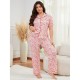 New European and American style women's pajamas with heart print, plus size, short-sleeved, long pants, two-piece set, loungewear, pajamas