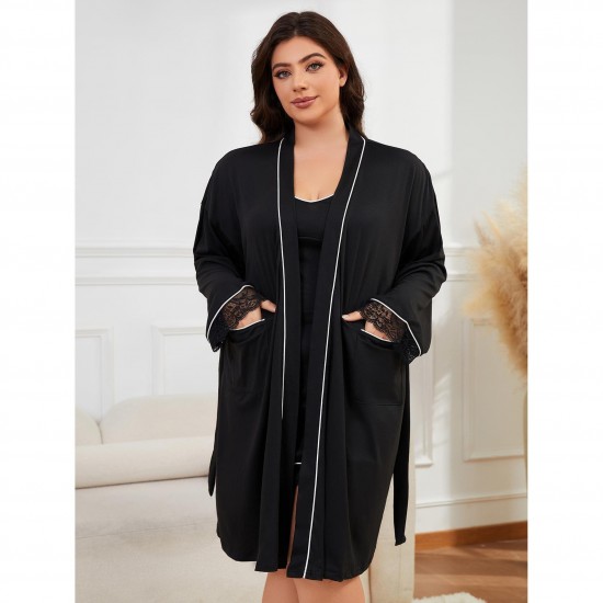 Plus-size European and American women's pajamas, summer, suitable for plus-size women up to 200 lbs, tie-up robe/camisole nightgown two-piece homewear set