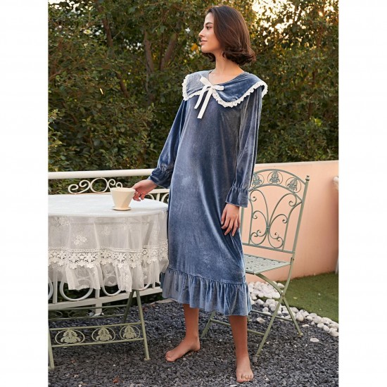 European and American women's long winter fleece nightgown, French palace style, doll collar, plush pajamas.