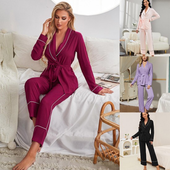 women's Autumn and Winter red long-sleeved robe long pants two-piece home wear