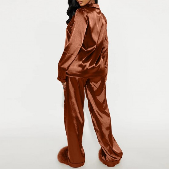 European and American  pajamas for women, autumn and winter, ice silk long-sleeved and long pants, two-piece loungewear for women.