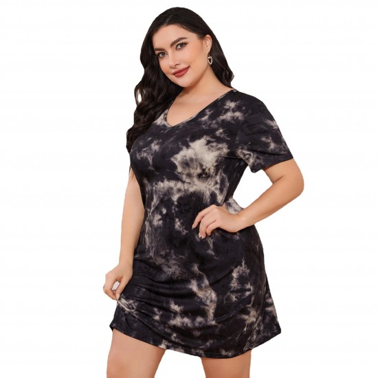 European and American plus size pajamas women's summer nightgown women's short-sleeved tie-dye backless sexy home dress