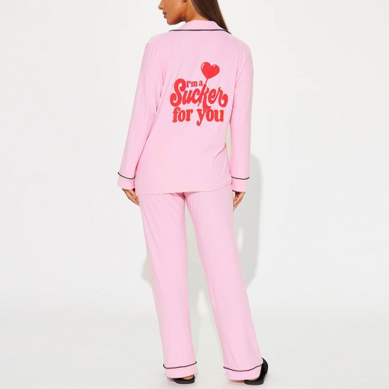 European and American Women's Autumn and Winter Printed Basic Lapel Long-Sleeve Long Pants Homewear Set Pajamas
