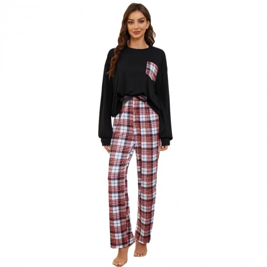 European and American pajamas women spring and autumn thin long-sleeved plaid print long pants homewear set