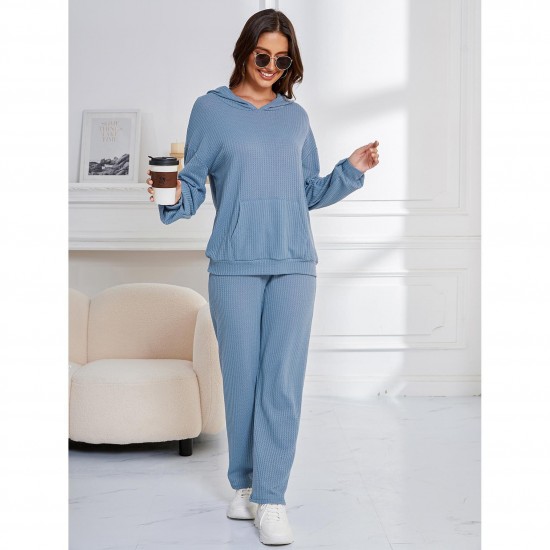 European and American hooded casual set women's pajamas waffle loose long-sleeved long pants two-piece loungewear set