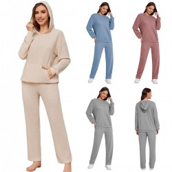 European and American hooded casual set women's pajamas waffle loose long-sleeved long pants two-piece loungewear set