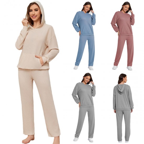 European and American hooded casual set women's pajamas waffle loose long-sleeved long pants two-piece loungewear set