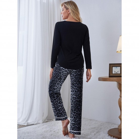 European and American women's home wear set, autumn and winter long-sleeved leopard print trousers two-piece pajamas