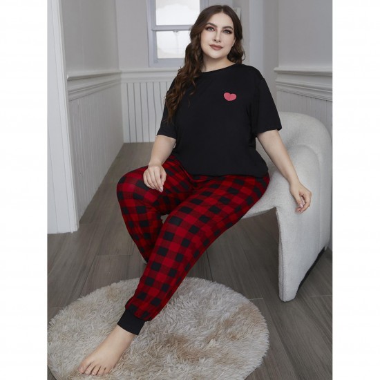 European and American plus size pajamas spring and autumn short-sleeved long pants two-piece homewear set (Pimma)