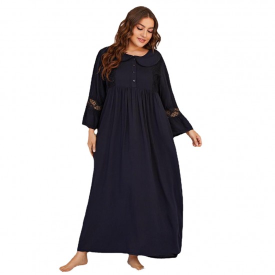 European and American plus size nightgown women long-sleeved long lace homewear plus mm nightgown