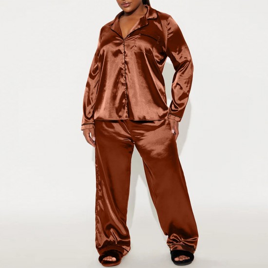 European and American  pajamas for women, autumn and winter, ice silk long-sleeved and long pants, two-piece loungewear for women.