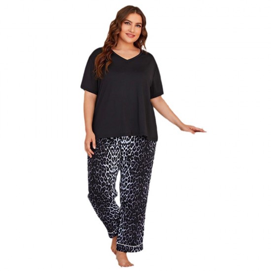 European and American plus size women's pajamas summer leopard print short-sleeved long pants plus mm loungewear set