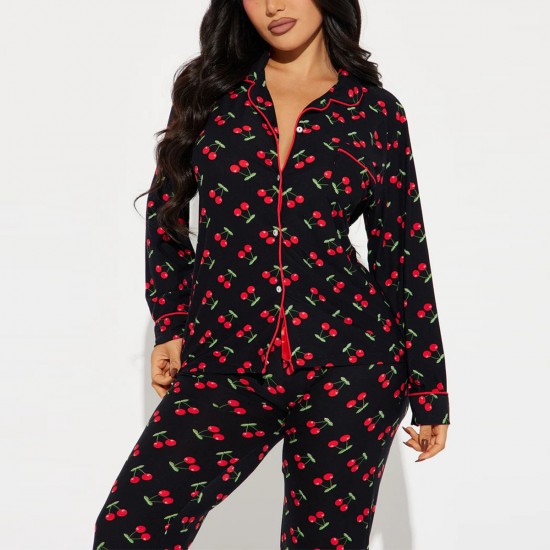 European and American pajamas for women, autumn and winter cherry print lapel long-sleeved trousers, two-piece loungewear set.
