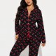 European and American pajamas for women, autumn and winter cherry print lapel long-sleeved trousers, two-piece loungewear set.