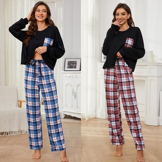 European and American pajamas women spring and autumn thin long-sleeved plaid print long pants homewear set