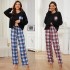 European and American pajamas women spring and autumn thin long-sleeved plaid print long pants homewear set