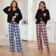 European and American pajamas women spring and autumn thin long-sleeved plaid print long pants homewear set