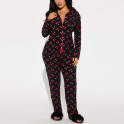 European and American pajamas for women, autumn and winter cherry print lapel long-sleeved trousers, two-piece loungewear set.