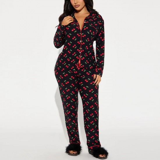European and American pajamas for women, autumn and winter cherry print lapel long-sleeved trousers, two-piece loungewear set.
