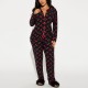 European and American pajamas for women, autumn and winter cherry print lapel long-sleeved trousers, two-piece loungewear set.
