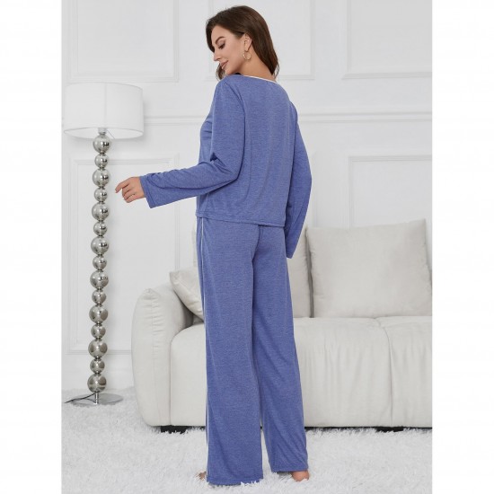 European and American women's pajamas autumn and winter solid color long-sleeved trousers homewear set can be worn outside independent site