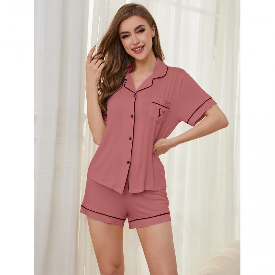European and American homewear set cardigan short-sleeved shirt and shorts summer pajamas women's