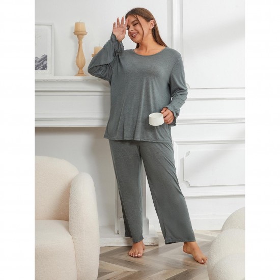 European and American Plus Size Women's Nightgown Autumn and Winter Solid Color Loose Long-Sleeved Two-Piece Homewear Set