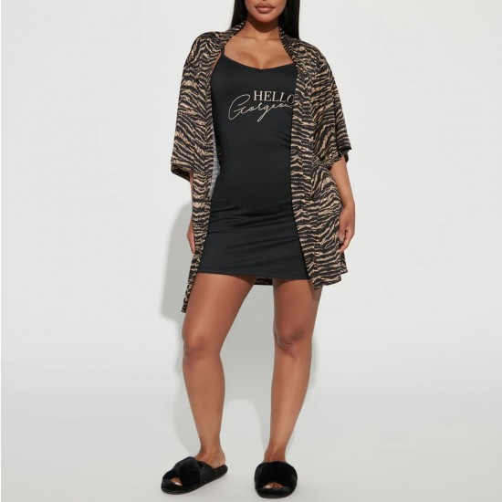 European and American women's summer leopard print short-sleeved outer robe camisole nightgown two-piece loungewear pajamas