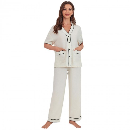 European and American pajama pants for women, spring and summer, thin bubble crepe short-sleeved long pants loungewear set.