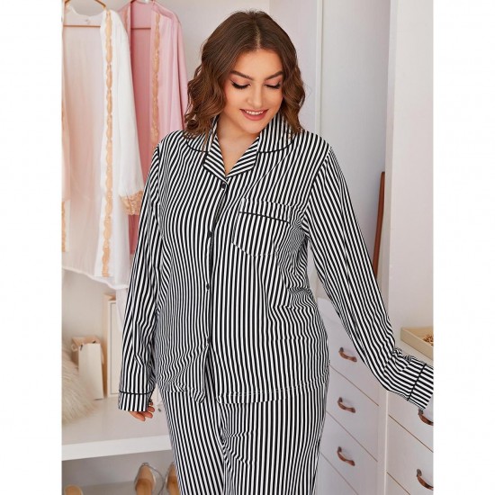 European and American plus mm women's pajamas striped long-sleeved casual plus size homewear set