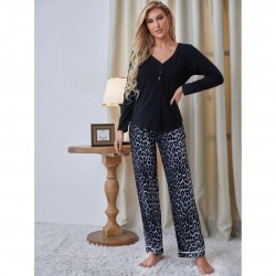European and American women's home wear set, autumn and winter long-sleeved leopard print trousers two-piece pajamas