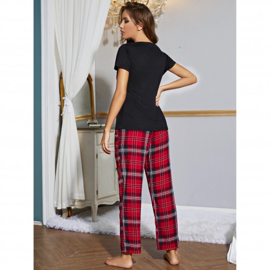 European and American women's spring and autumn V-neck short-sleeved trousers loungewear set export pajamas
