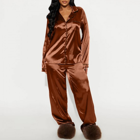 European and American  pajamas for women, autumn and winter, ice silk long-sleeved and long pants, two-piece loungewear for women.