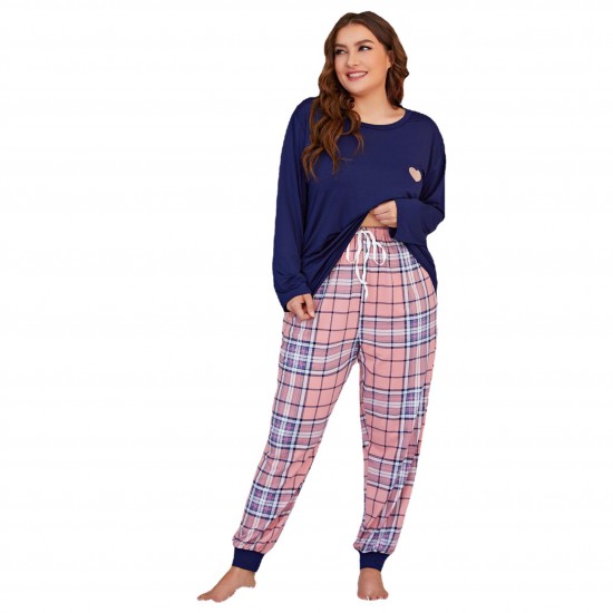 European and American women's heart-print pajamas, plus-size long-sleeved two-piece loungewear for overweight women