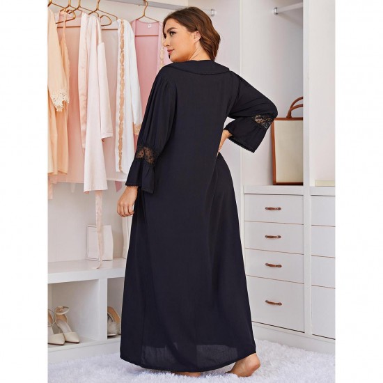 European and American plus size nightgown women long-sleeved long lace homewear plus mm nightgown