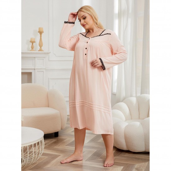 European and American plus size nightgown women's long plus mm lace trim thin long-sleeved loungewear pajamas